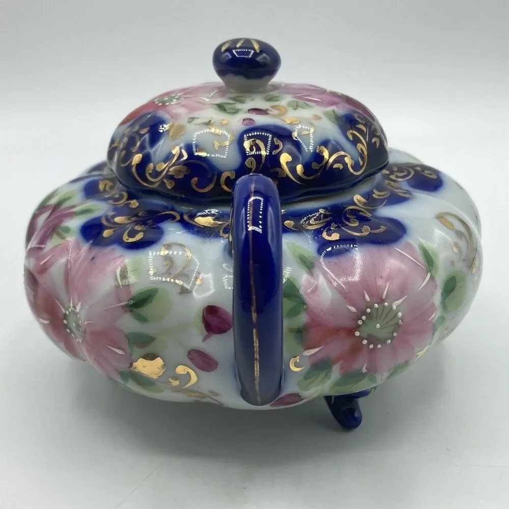 Antique Nippon Flow Blue Floral Creamer & Lidded Sugar Bowl Set Melon Gold Gilt